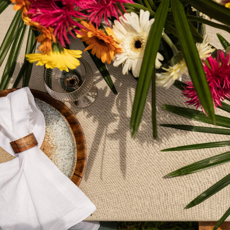 beige sand linen tablecloth and white linen napkins